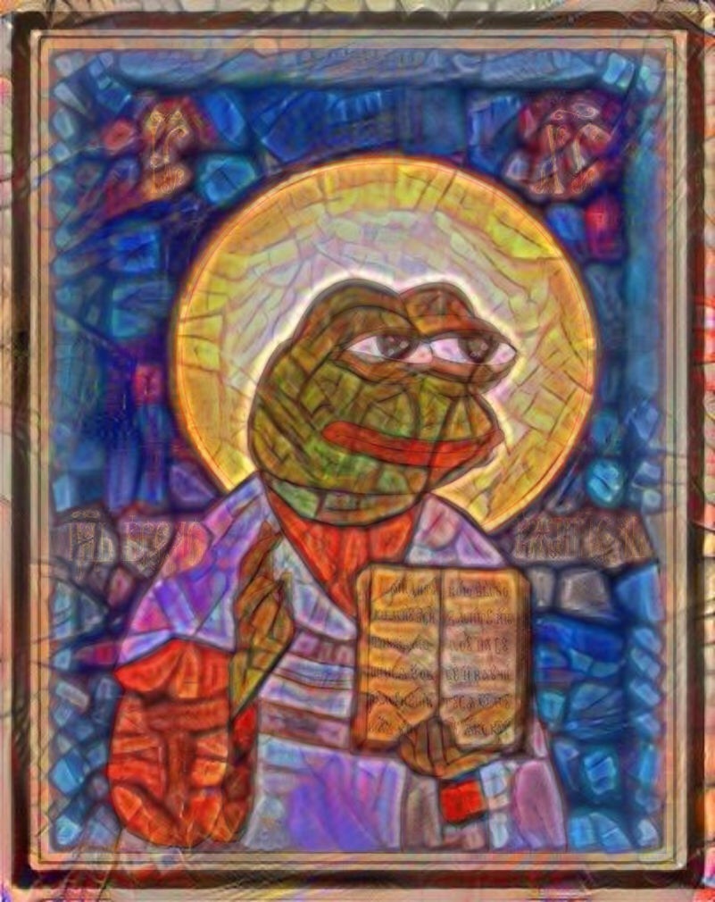 A stained glass window meme of Pepe the Frog as a medieval saint.