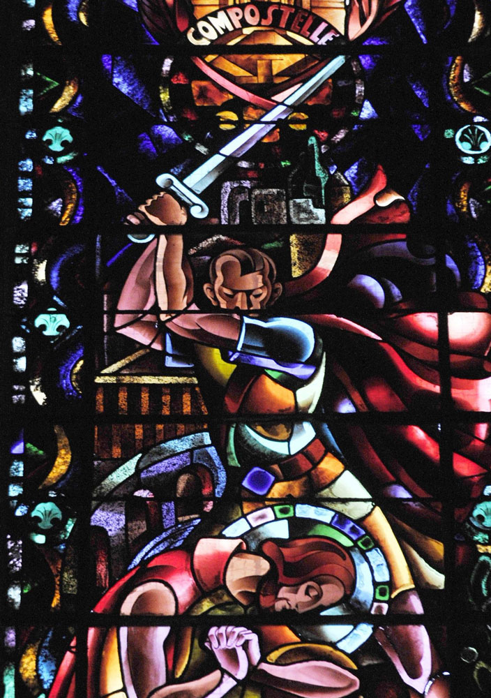 A stained glass window depicting, in vivid colors, the execution of St. James, with the executioner looking like Adolf Hitler.