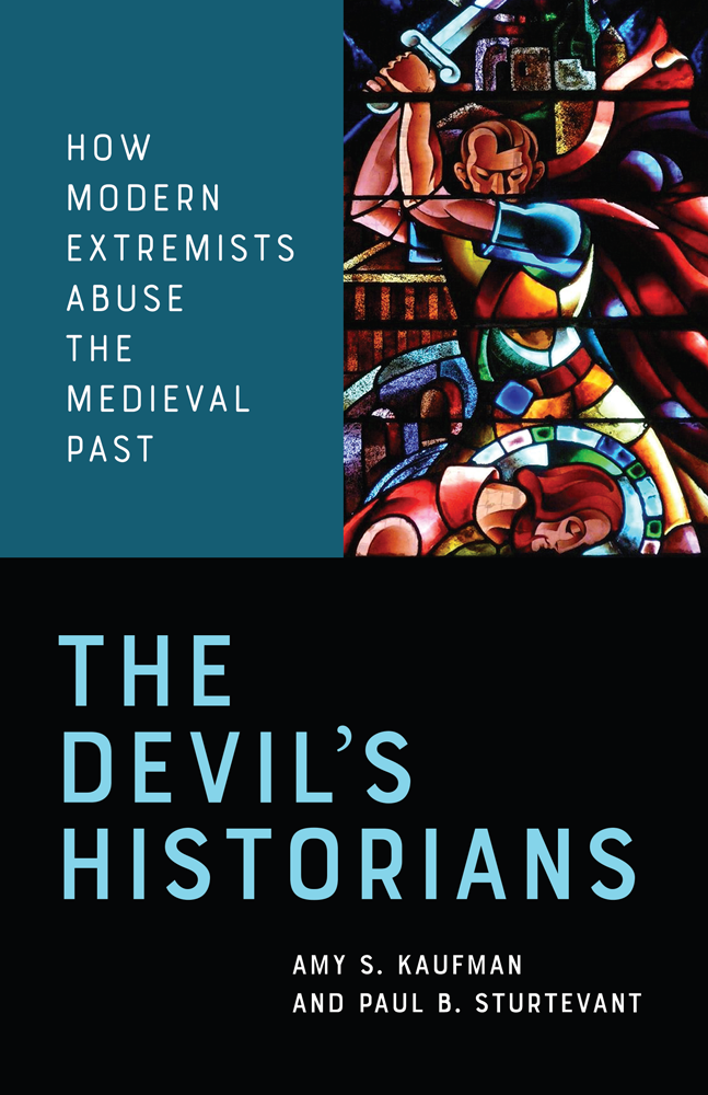 Cover of The Devil's Historians, picturing a stained glass window that shows the execution of St. James, but the executioner looks like Adolf Hitler.