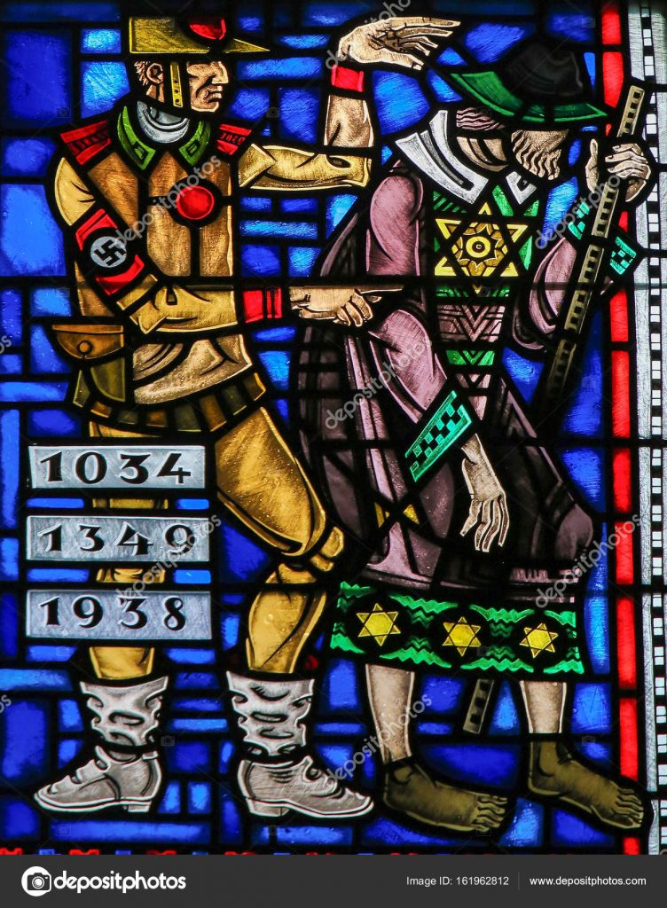 A stained glass window depciting a man in Nazi uniform pointing at a man with a wide brimmed hat and with stars of david on his coat.